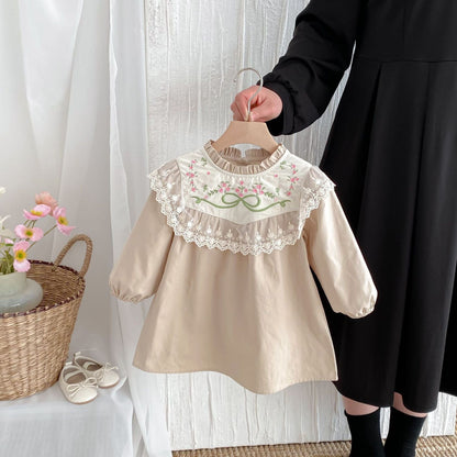 長袖ワンピース Khaki / 80cm リボンフラワー刺繍レース長袖ワンピース【mh0010679】