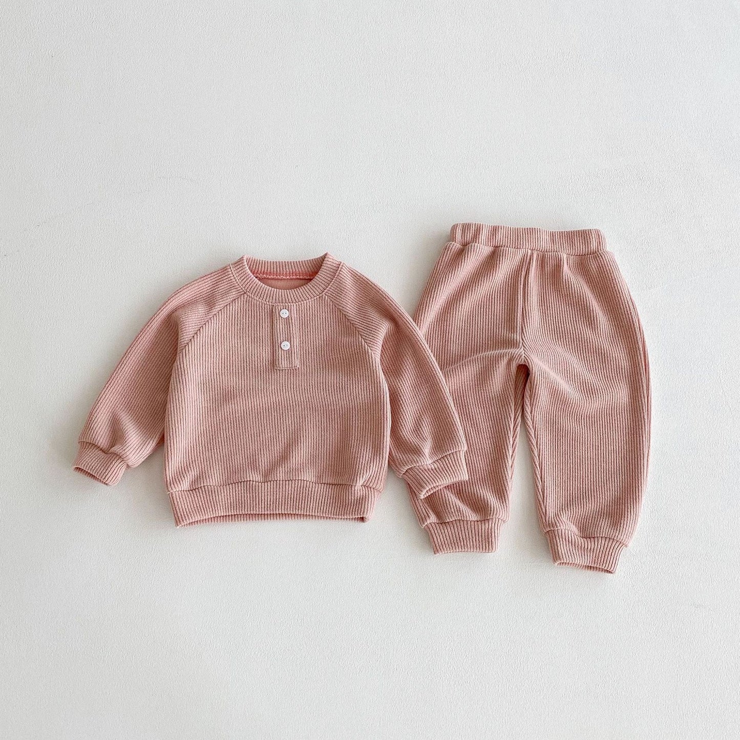 長袖セットアップ Leather Pink / 80cm ヘンリーネック長袖Tシャツ+ロングパンツセットアップ 2点セット【mh0010645】