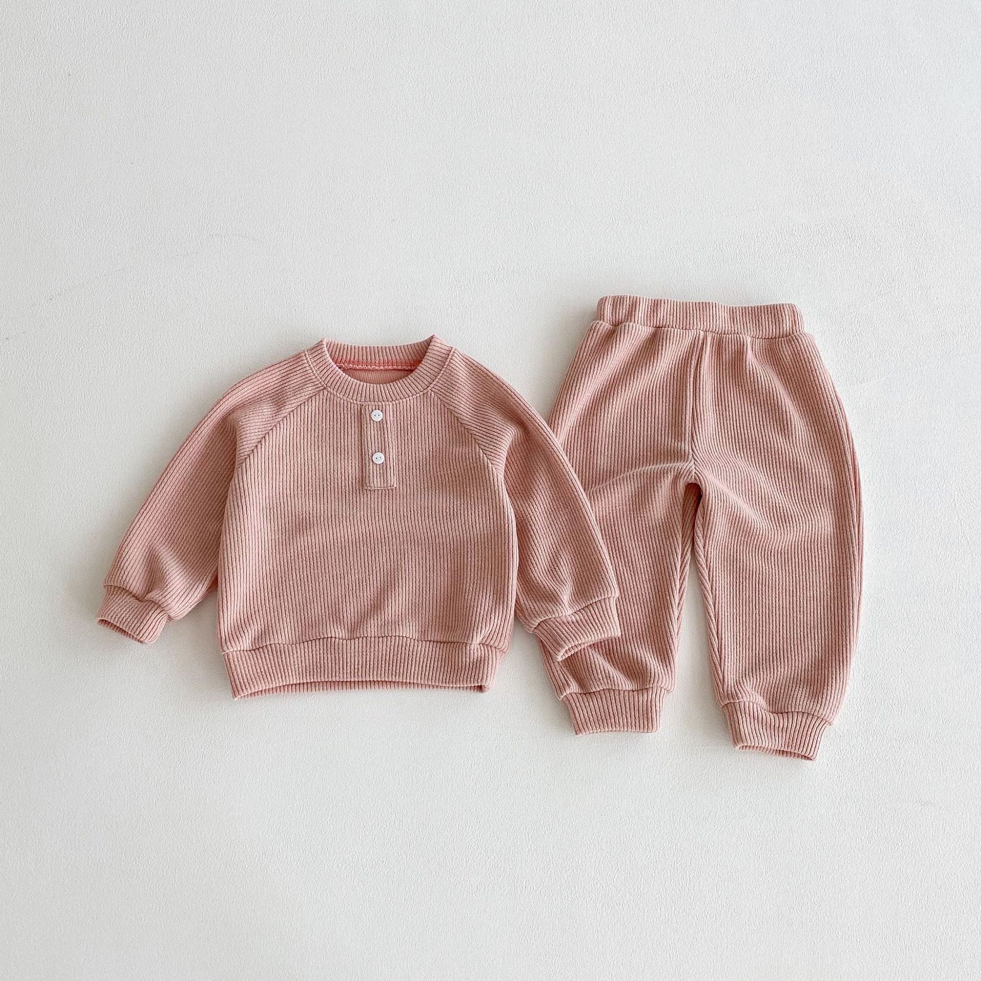 長袖セットアップ Leather Pink / 80cm ヘンリーネック長袖Tシャツ+ロングパンツセットアップ 2点セット【mh0010645】