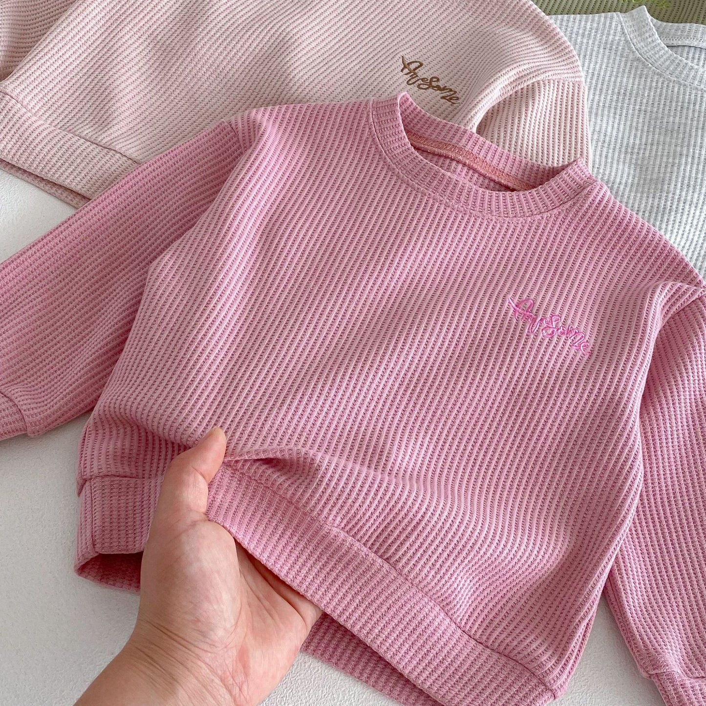 長袖セットアップ Letter Embroidery Waffle Set ワッフル 刺繍 セットアップ【mh0011966】