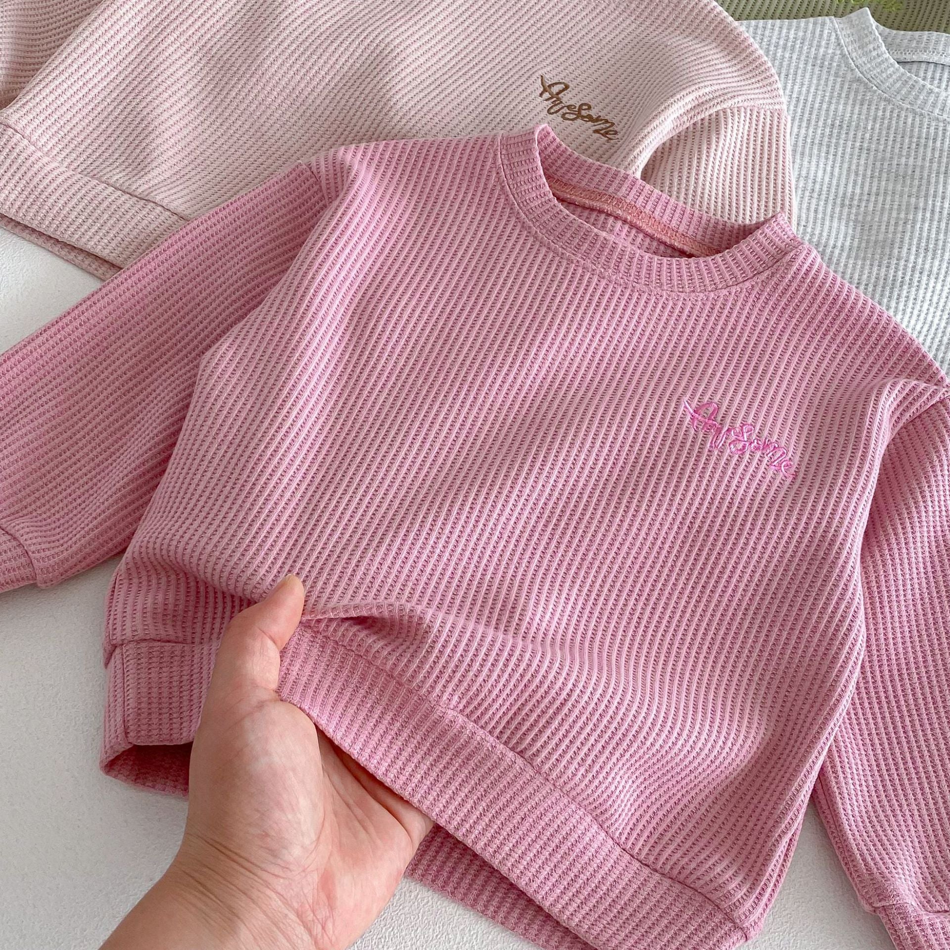 長袖セットアップ Letter Embroidery Waffle Set ワッフル 刺繍 セットアップ【mh0011966】