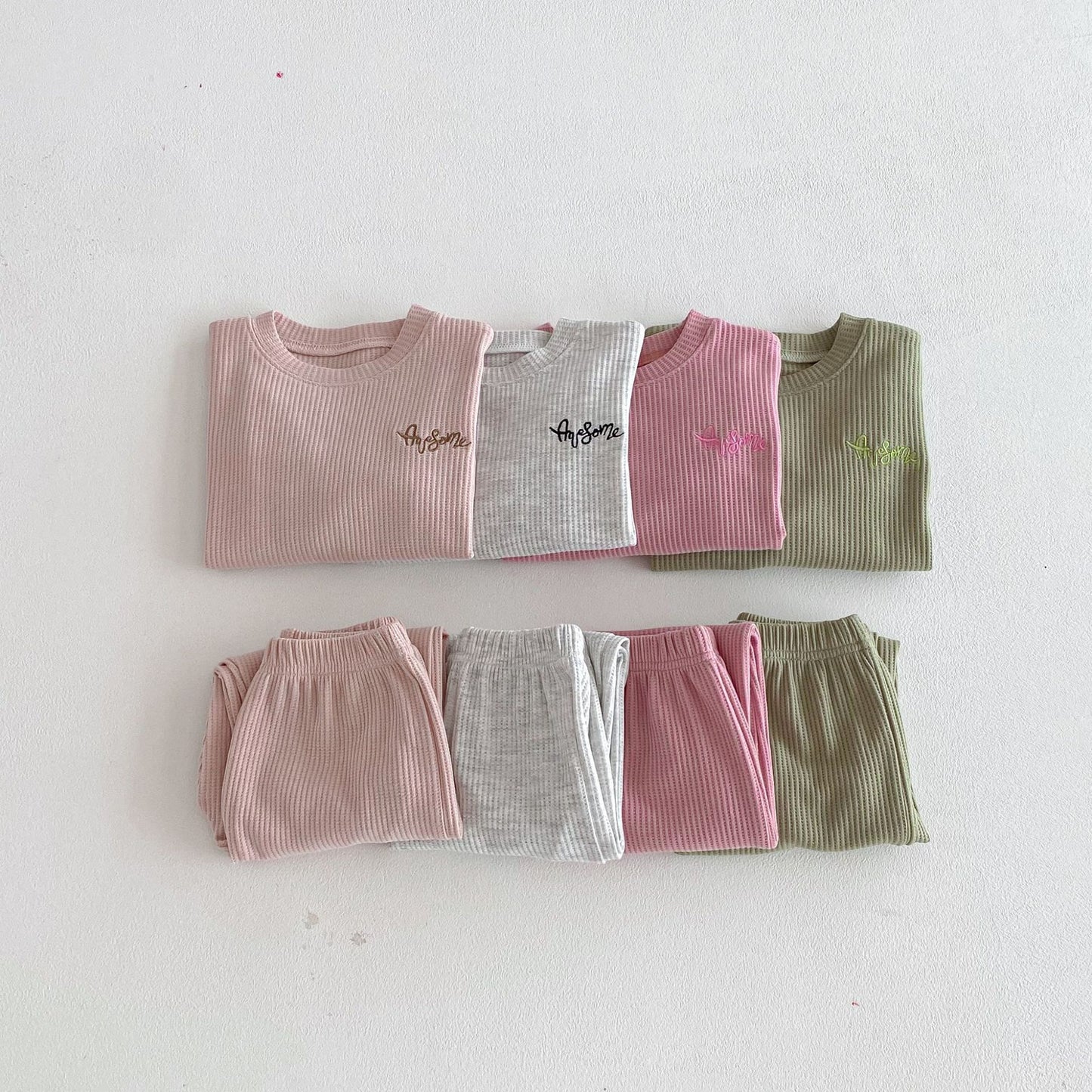 長袖セットアップ Letter Embroidery Waffle Set ワッフル 刺繍 セットアップ【mh0011966】