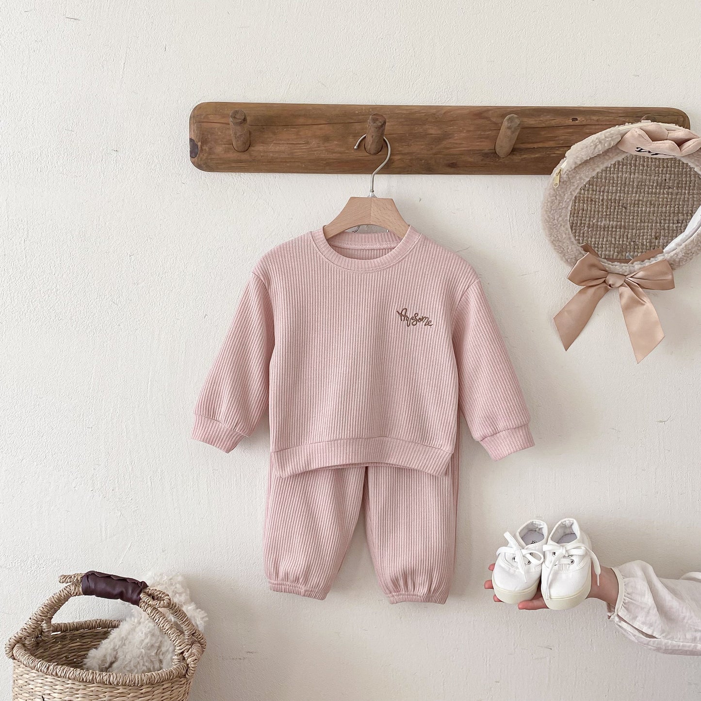 長袖セットアップ Letter Embroidery Waffle Set ワッフル 刺繍 セットアップ【mh0011966】