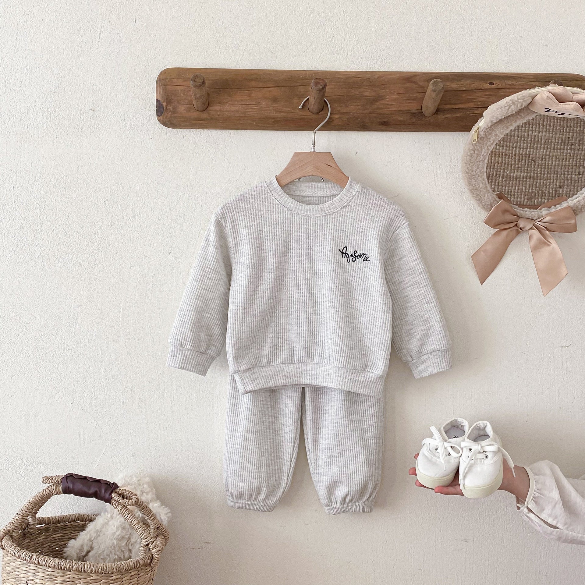 長袖セットアップ Letter Embroidery Waffle Set ワッフル 刺繍 セットアップ【mh0011966】