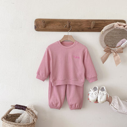 長袖セットアップ Letter Embroidery Waffle Set ワッフル 刺繍 セットアップ【mh0011966】