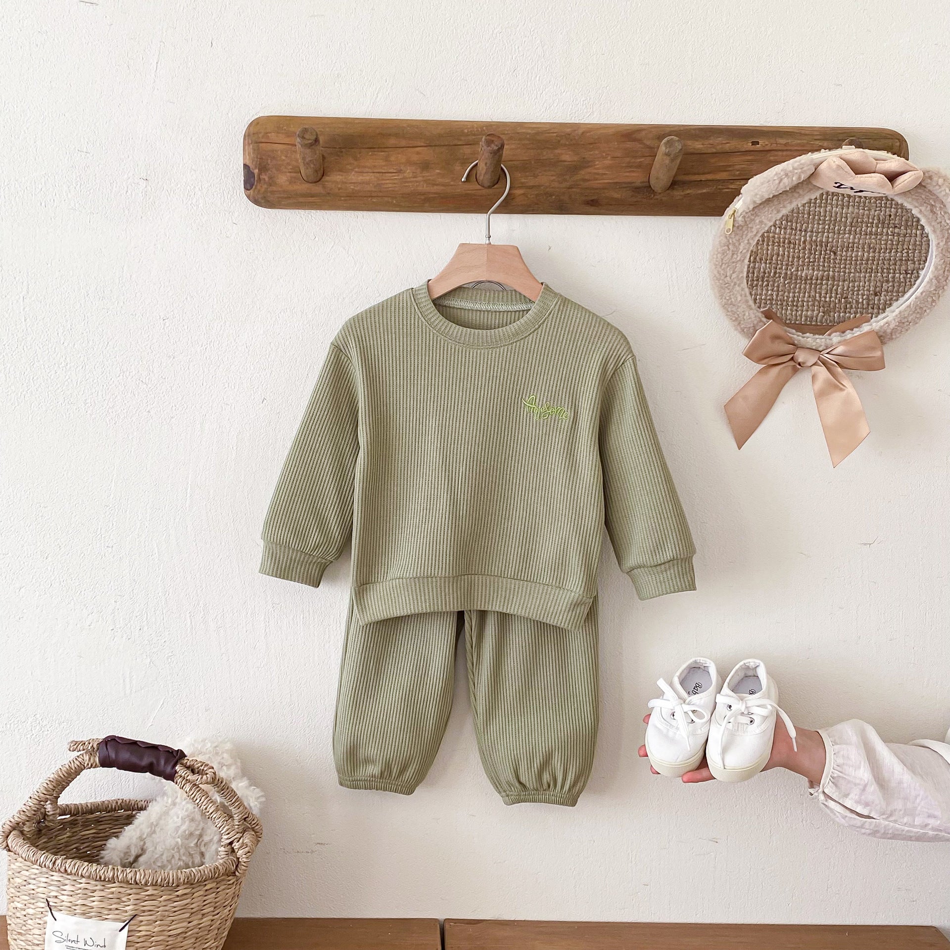 長袖セットアップ Letter Embroidery Waffle Set ワッフル 刺繍 セットアップ【mh0011966】