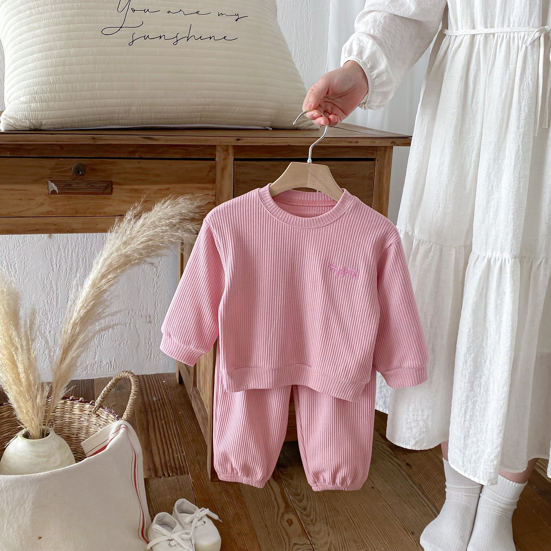 長袖セットアップ Letter Embroidery Waffle Set ワッフル 刺繍 セットアップ【mh0011966】