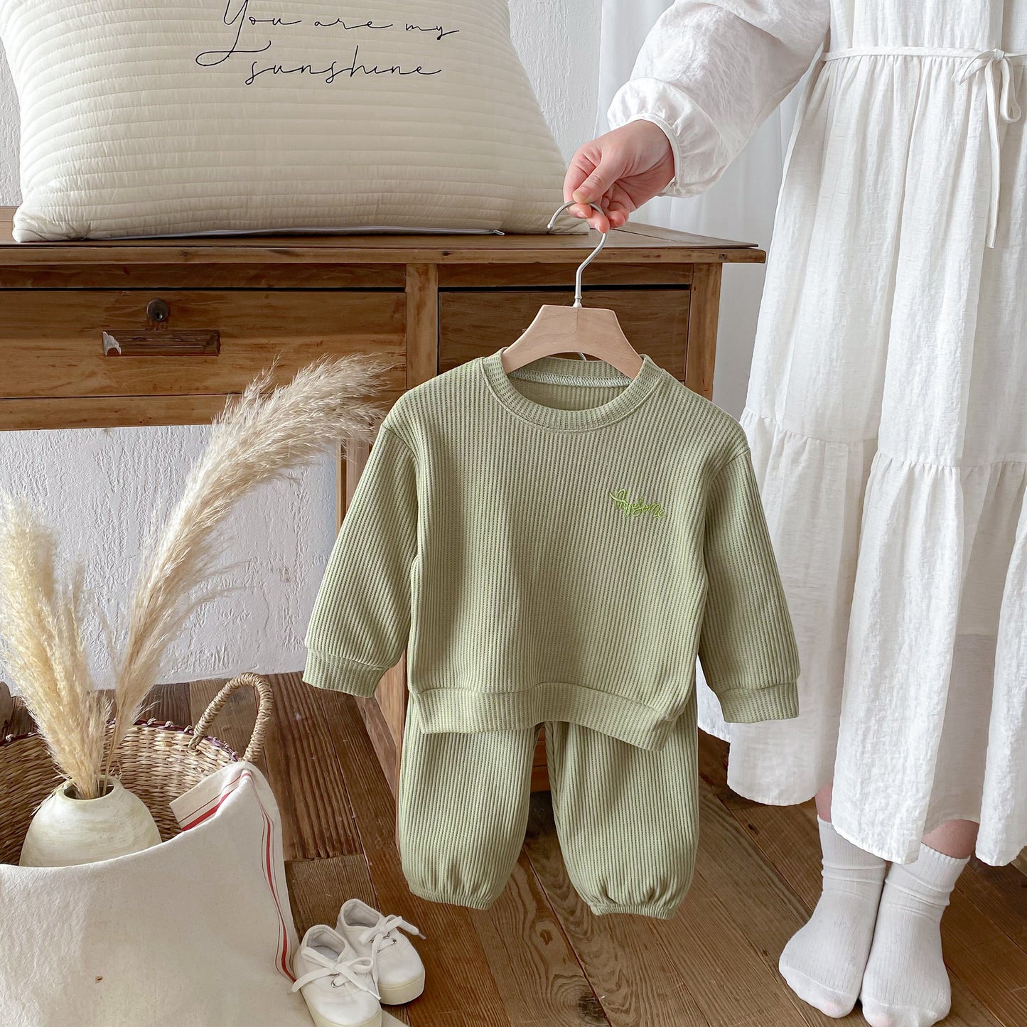 長袖セットアップ Letter Embroidery Waffle Set ワッフル 刺繍 セットアップ【mh0011966】