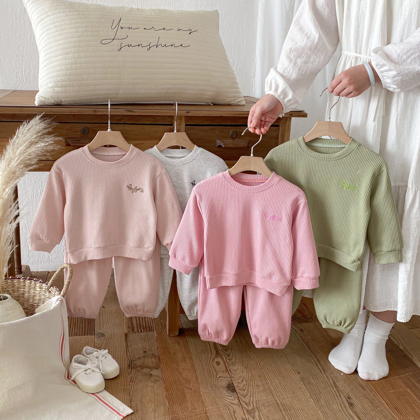 長袖セットアップ Letter Embroidery Waffle Set ワッフル 刺繍 セットアップ【mh0011966】