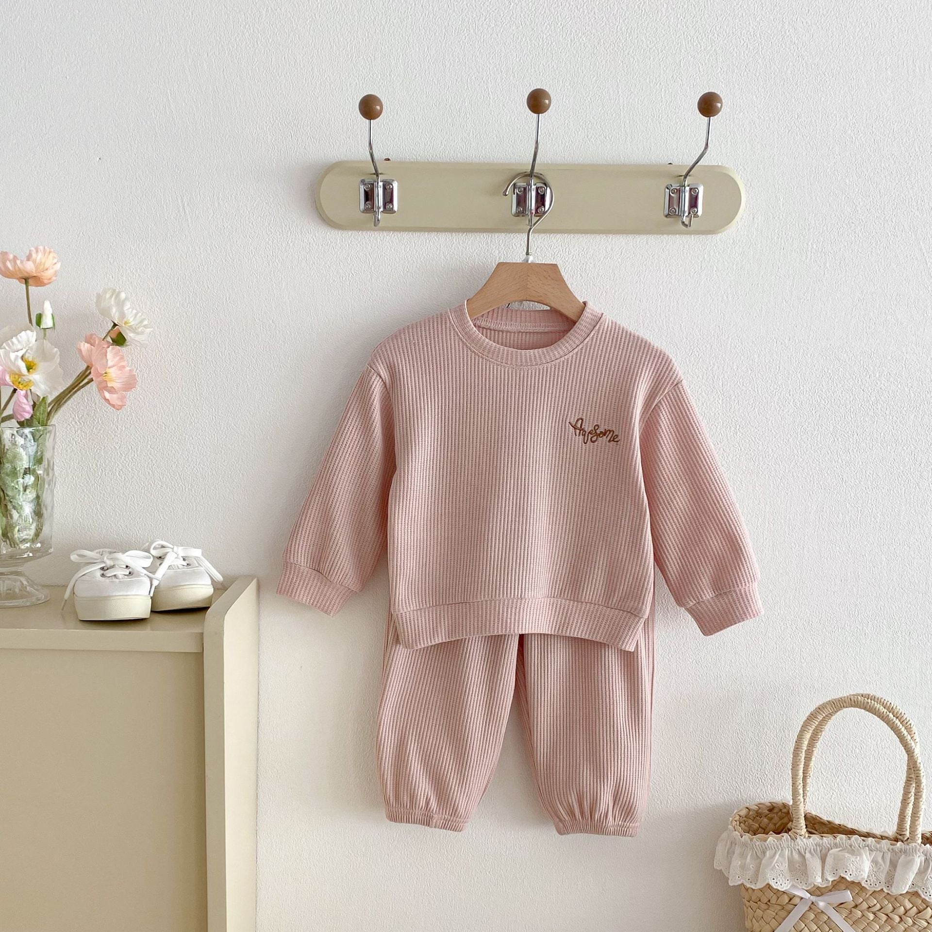 長袖セットアップ Letter Embroidery Waffle Set ワッフル 刺繍 セットアップ【mh0011966】