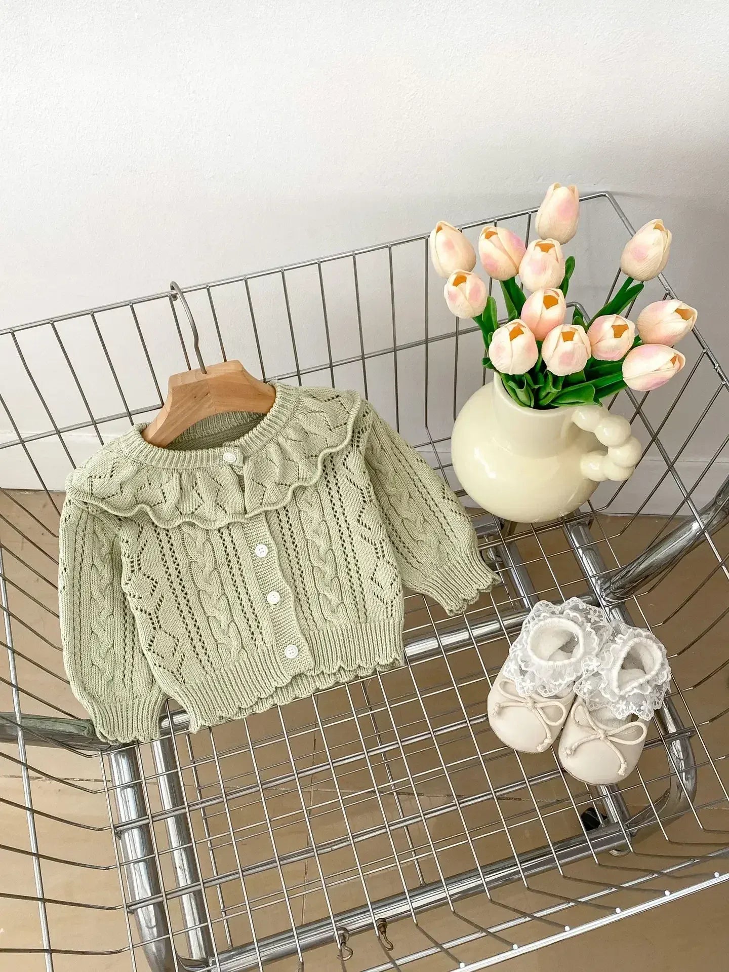 カーディガン・パーカー Light Green / 66cm ベビーカーディガン フリル襟レースニットジャケット 2カラー【mh0007119】