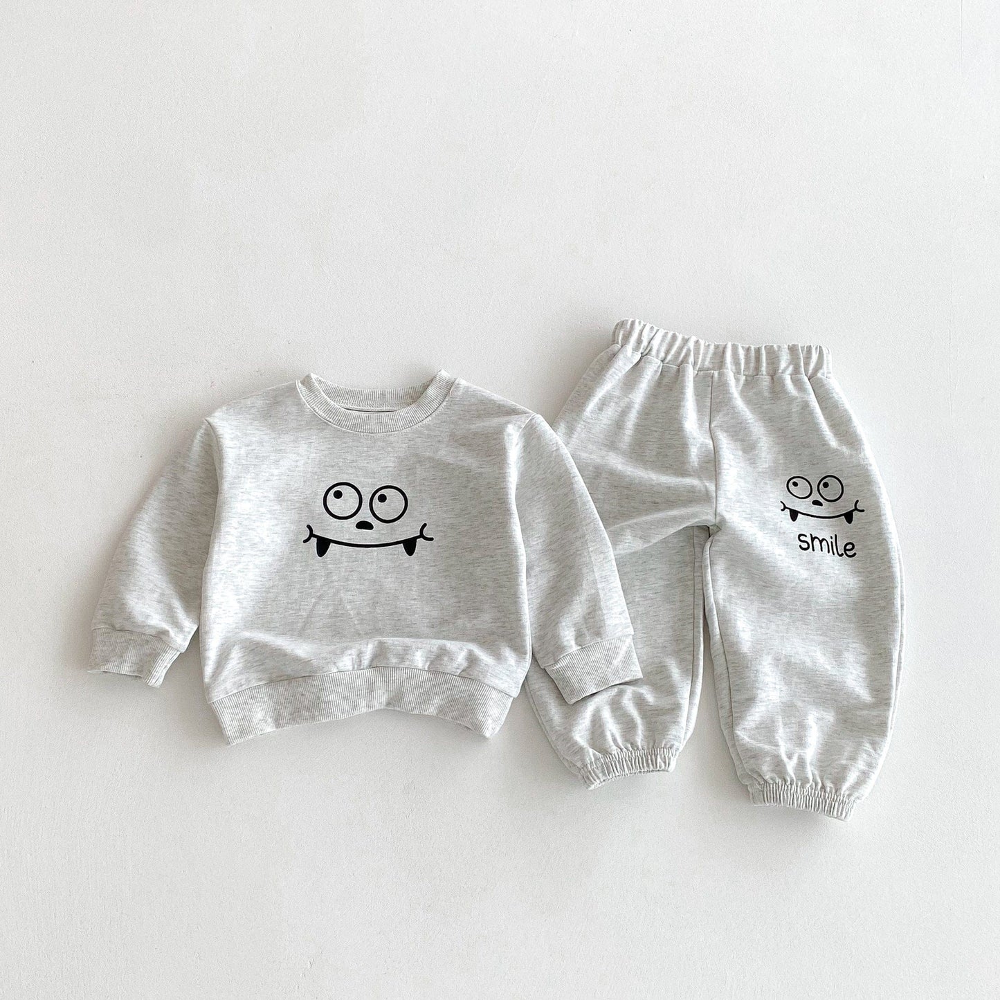 長袖セットアップ Light Grey / 80cm スマイルフェイスプリント長袖スウェットシャツ+ロングスウェットパンツセットアップ 2点セット【mh0010676】