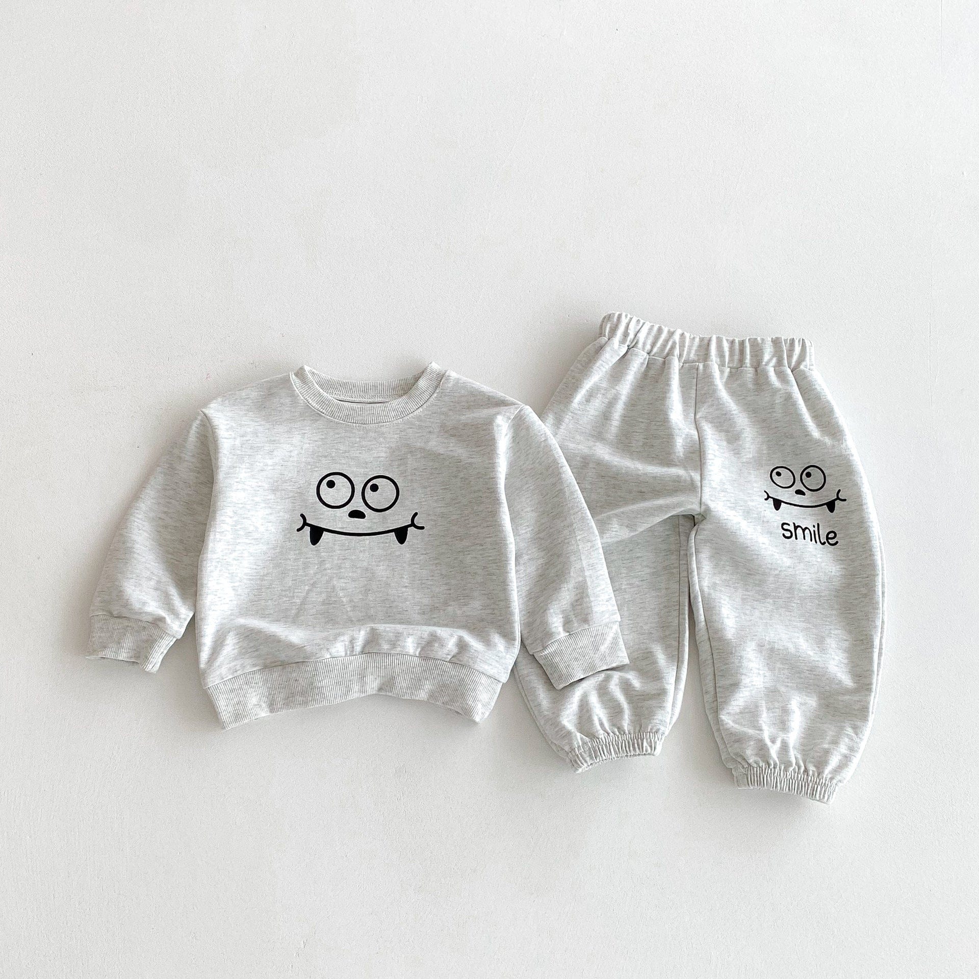 長袖セットアップ Light Grey / 80cm スマイルフェイスプリント長袖スウェットシャツ+ロングスウェットパンツセットアップ 2点セット【mh0010676】
