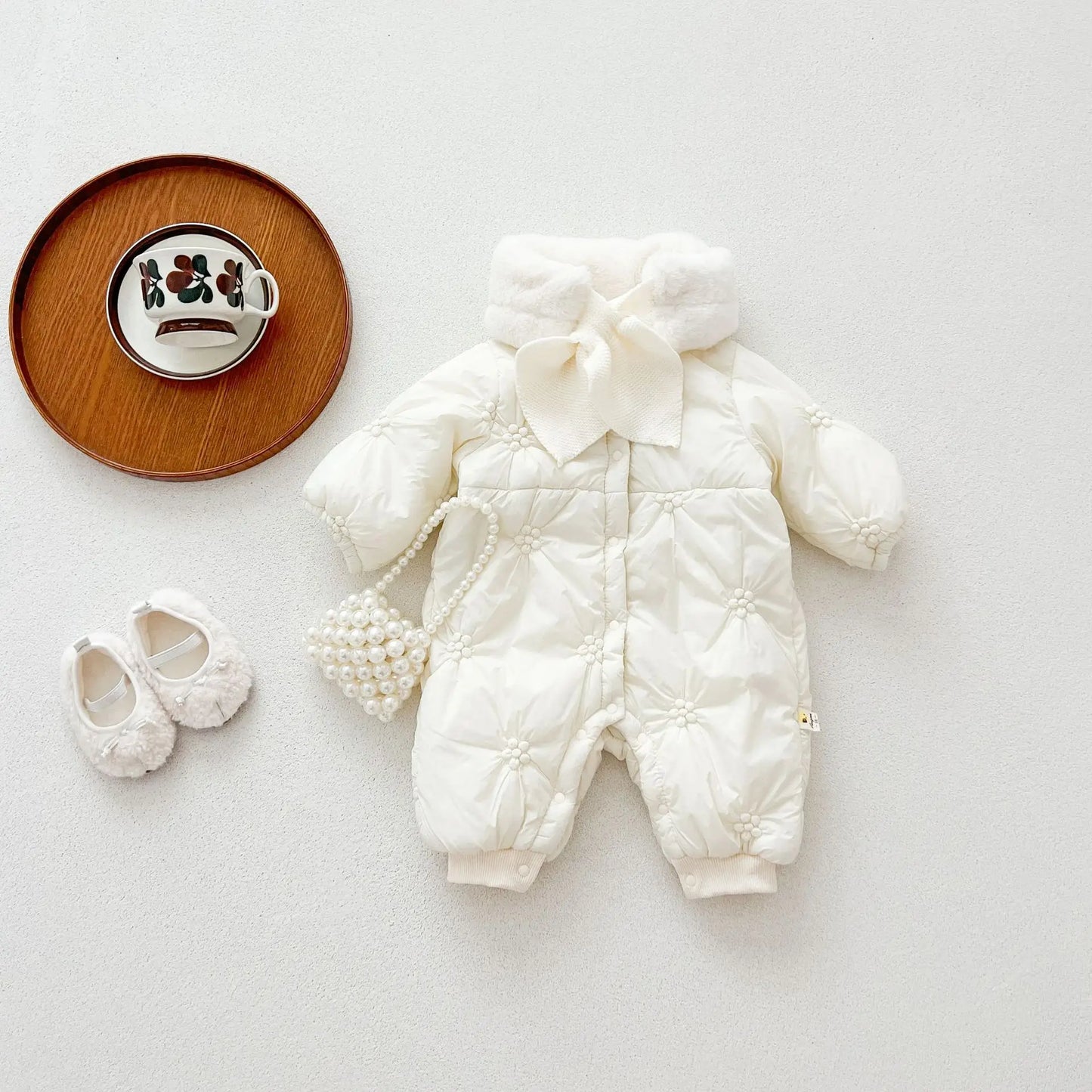 アウタージャンプスーツ long / 6M  66CM ベビーアウタージャンプスーツ/ロンパース ボアフリースマフラー付きキルティング防寒長袖ボディスーツ【mh0007813】