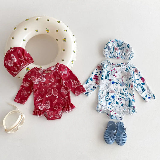 ベビー用水着 ベビー水着 長袖ワンピース 帽子セット スイムウェア ラッシュガード  フラワー花柄プリント【mh0005109】