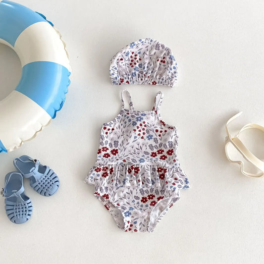 ベビー用水着 ベビー水着 キャミソールペプラムワンピース 帽子セット スイムウェア ラッシュガード  フラワー花柄プリント【mh0005110】