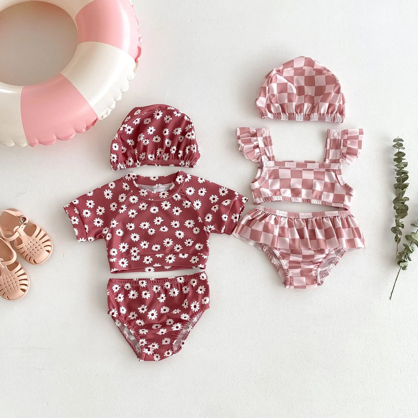ベビー用水着 ベビー水着 帽子セット セパレート ビキニ ダイヤチェック フラワー花柄プリント スイムウェア【mh0005111】