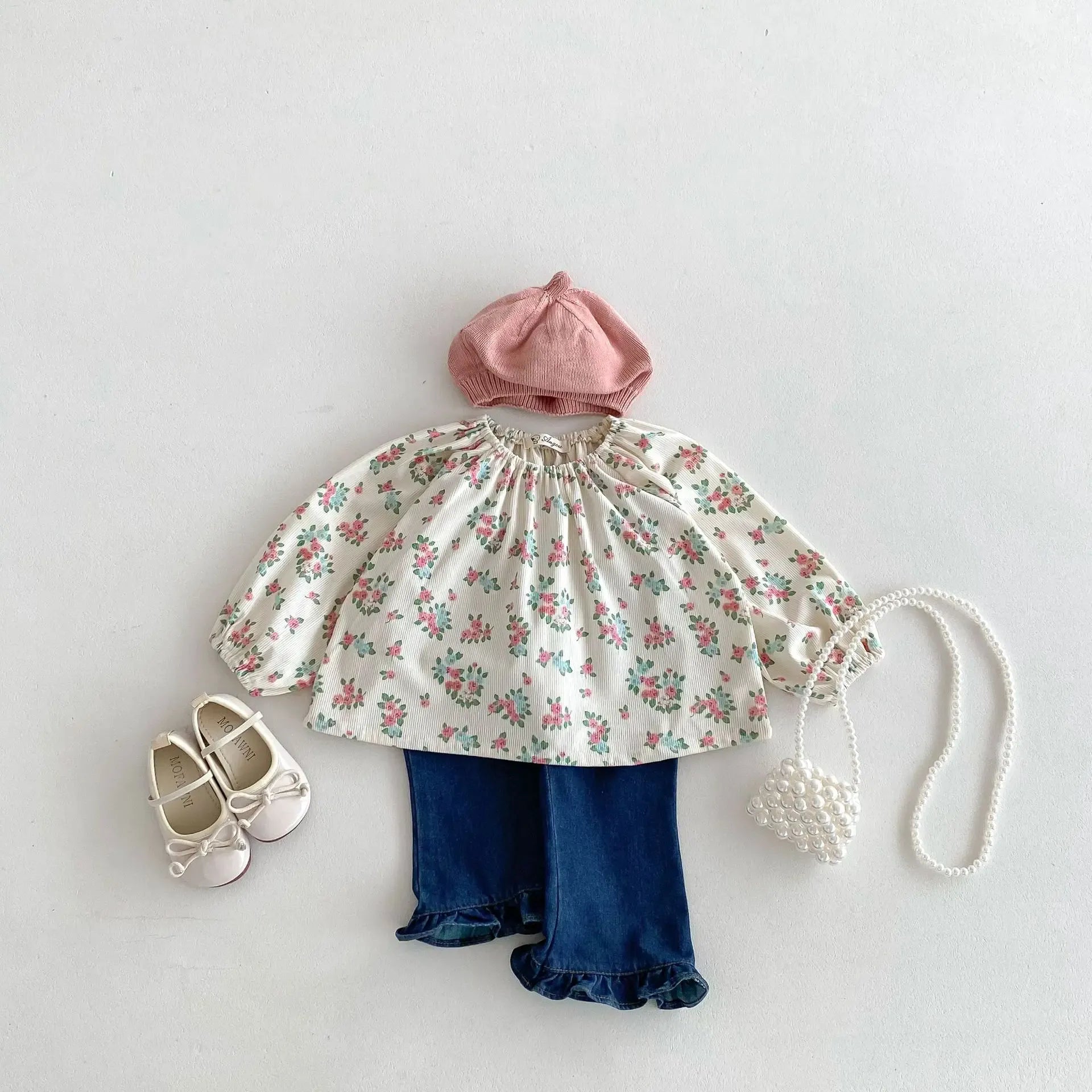 長袖シャツ・ブラウス キッズトップス 長袖チュニックブラウス スモック フラワー花柄プリント【mh0006363】