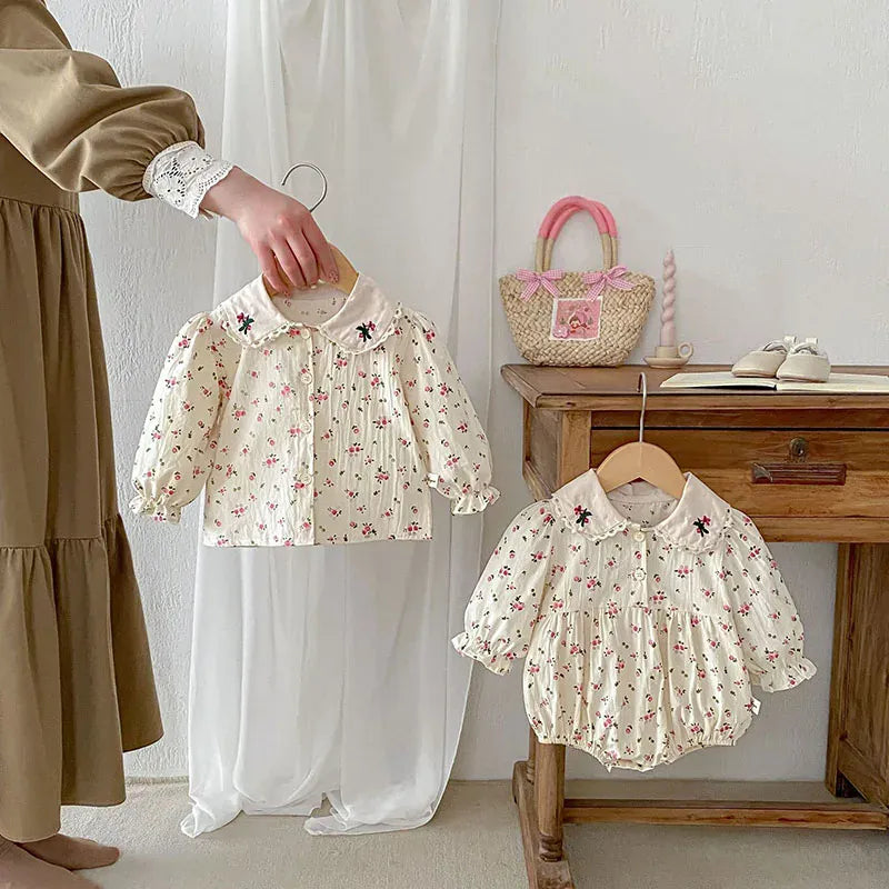 長袖ロンパース ベビーロンパース/トップス 長袖 フラワー小花柄プリント刺繍【mh0006459】