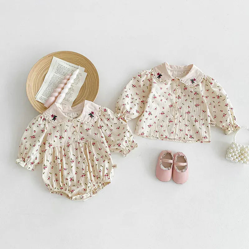 長袖ロンパース ベビーロンパース/トップス 長袖 フラワー小花柄プリント刺繍【mh0006459】