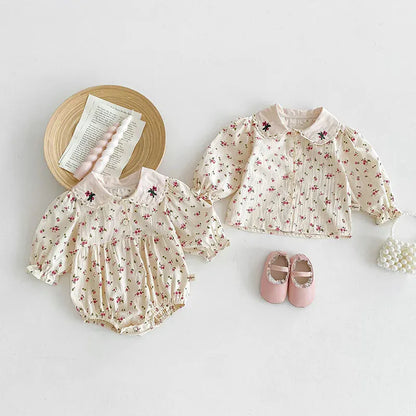 長袖ロンパース ベビーロンパース/トップス 長袖 フラワー小花柄プリント刺繍【mh0006459】