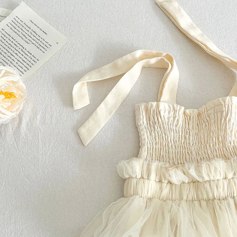 ノースリーブロンパース ベビーロンパース キャミソールシャーリング チュチュチュールペプラムボディスーツ ベージュ【mh0006549】