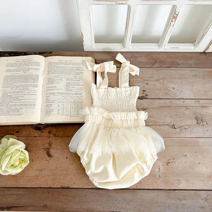 ノースリーブロンパース ベビーロンパース キャミソールシャーリング チュチュチュールペプラムボディスーツ ベージュ【mh0006549】