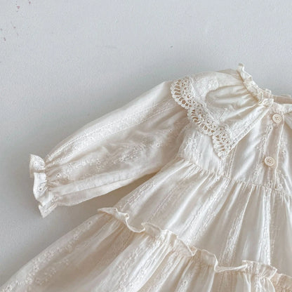 長袖ワンピース キッズワンピース レース襟刺繍長袖プリンセスドレスワンピース【mh0006975】