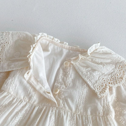 長袖ワンピース キッズワンピース レース襟刺繍長袖プリンセスドレスワンピース【mh0006975】