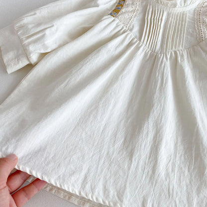 長袖ワンピース キッズワンピース フリルスタンドカラーショルダーチロリアン刺繍長袖ドレスワンピース アプリコット【mh0007004】