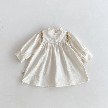 長袖ワンピース キッズワンピース フリルスタンドカラーショルダーチロリアン刺繍長袖ドレスワンピース アプリコット【mh0007004】
