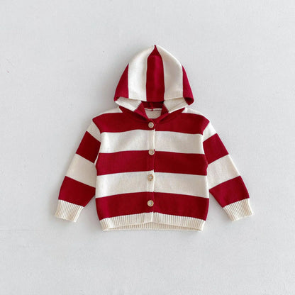 カーディガン・パーカー キッズカーディガン 太ボーダーフーディニットジャケット【mh0007045】