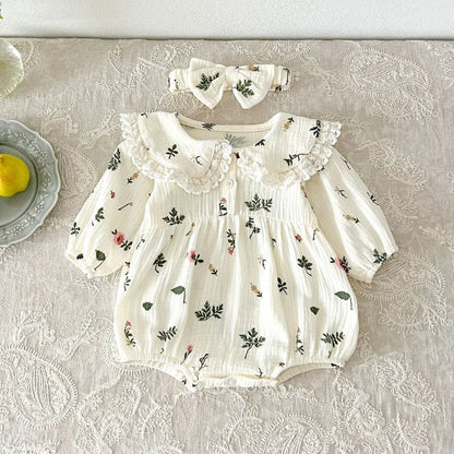 長袖ロンパース ベビーロンパース レース縁取り丸襟リーフフラワープリント長袖ボディスーツ+リボンヘアバンドセット アプリコット【mh0007393】