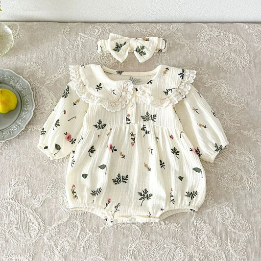 長袖ロンパース ベビーロンパース レース縁取り丸襟リーフフラワープリント長袖ボディスーツ+リボンヘアバンドセット アプリコット【mh0007393】