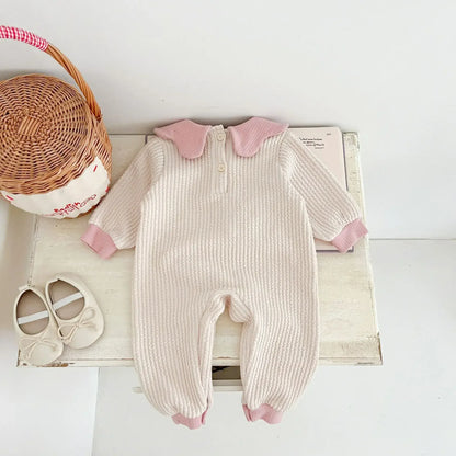 長袖ロンパース ベビーロンパース フラワー襟リーフアップリケ長袖ジャンプスーツ【mh0007426】