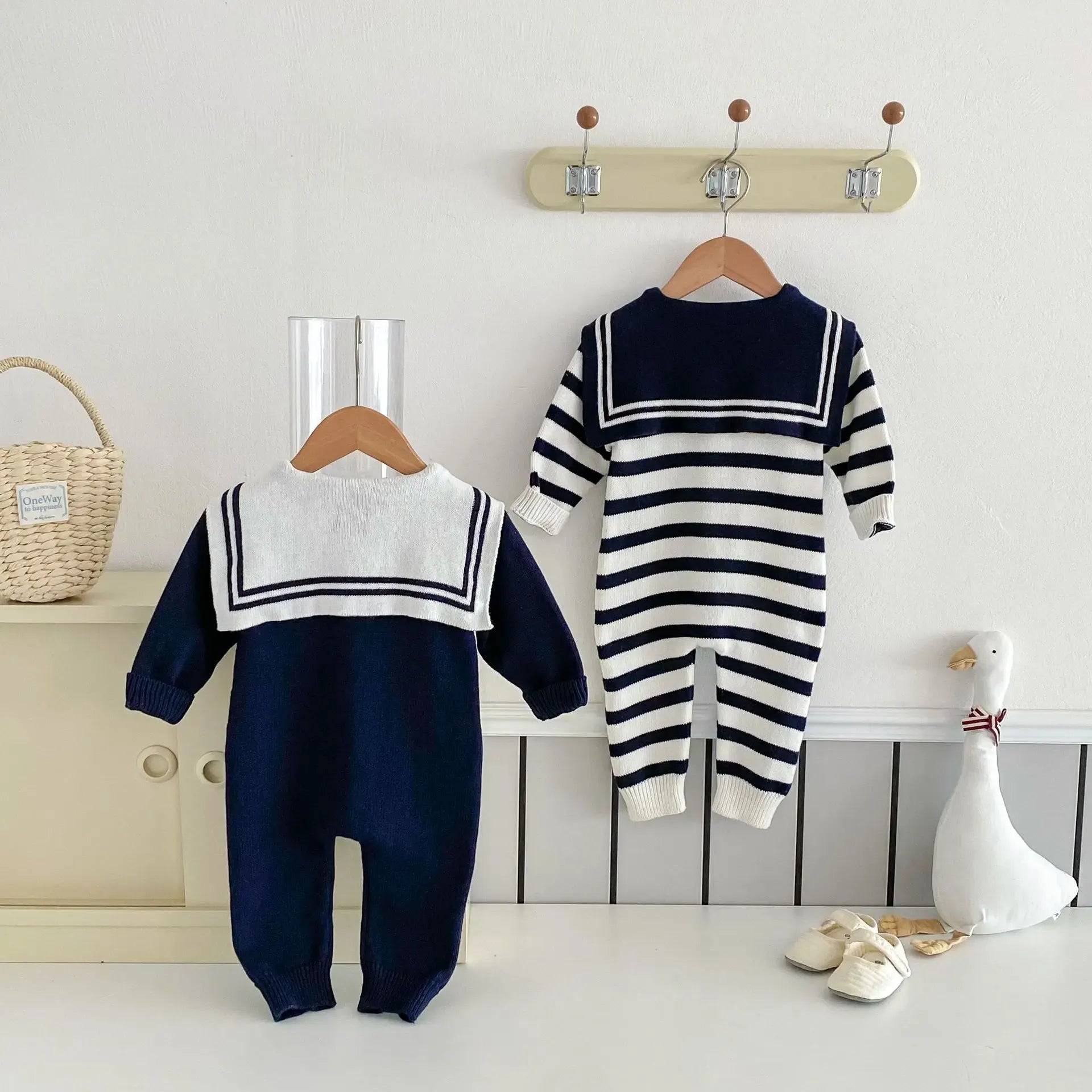 長袖ジャンプスーツ ベビージャンプスーツ セーラーカラーマリンスタイルニット長袖ロンパース 無地/ボーダー【mh0007429】