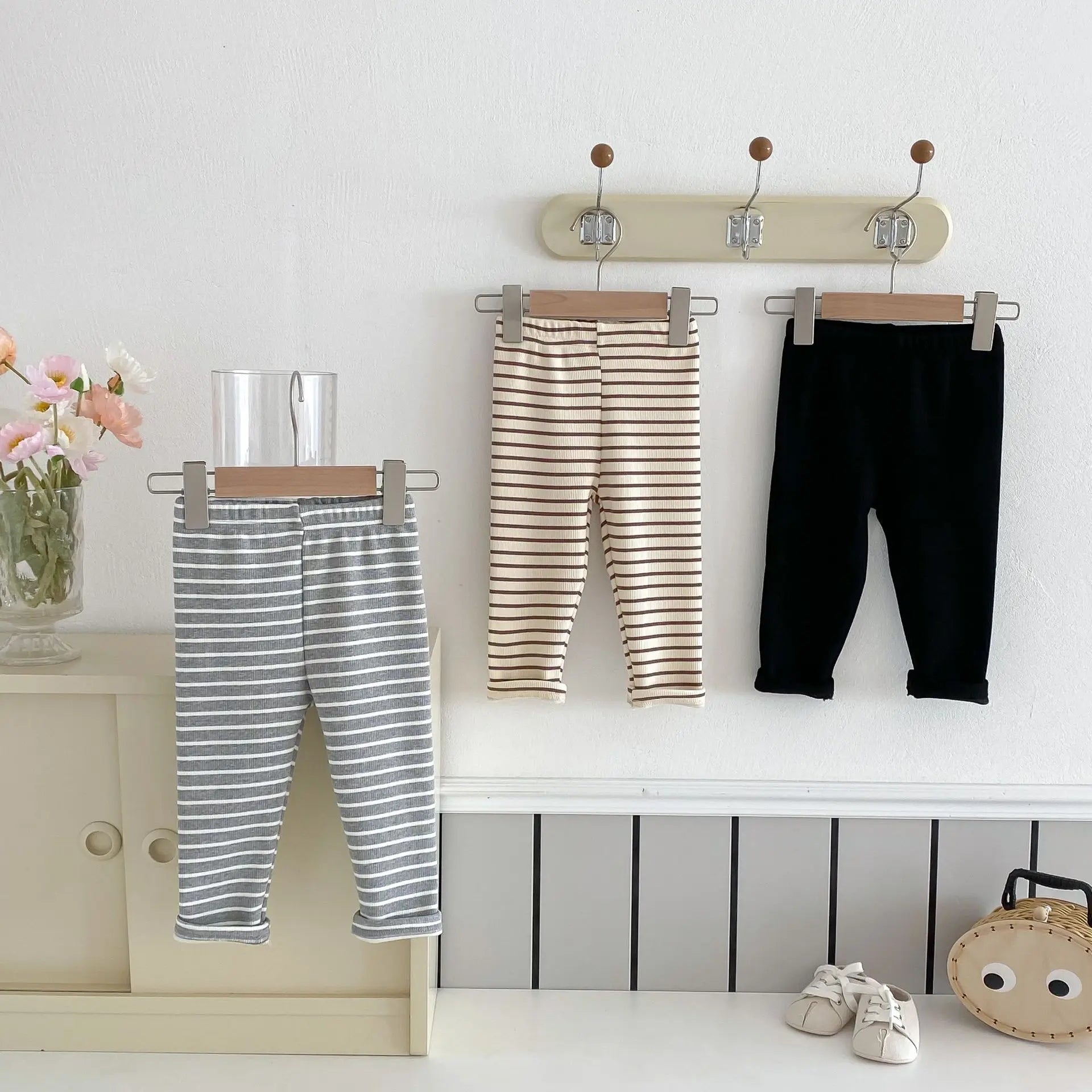 レギンスパンツ キッズパンツ ボーダー柄裏フリース厚手シンプルレギンスパンツ【mh0008090】