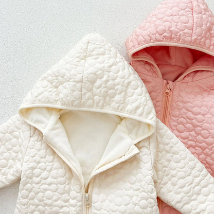 アウタージャンプスーツ ベビーアウタージャンプスーツ フラワーエンボスキルティングフーディジッパー防寒ロンパース【mh0008274】