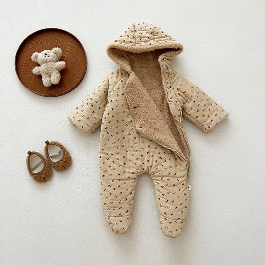 アウタージャンプスーツ ベビーアウタージャンプスーツ チェリープリント裏ボアフリース防寒ロンパース【mh0008275】