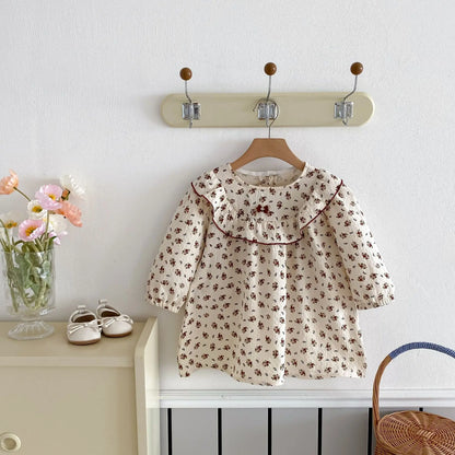 長袖ワンピース キッズワンピース ラッフルフリルフラワー小花柄長袖ワンピース【mh0008804】