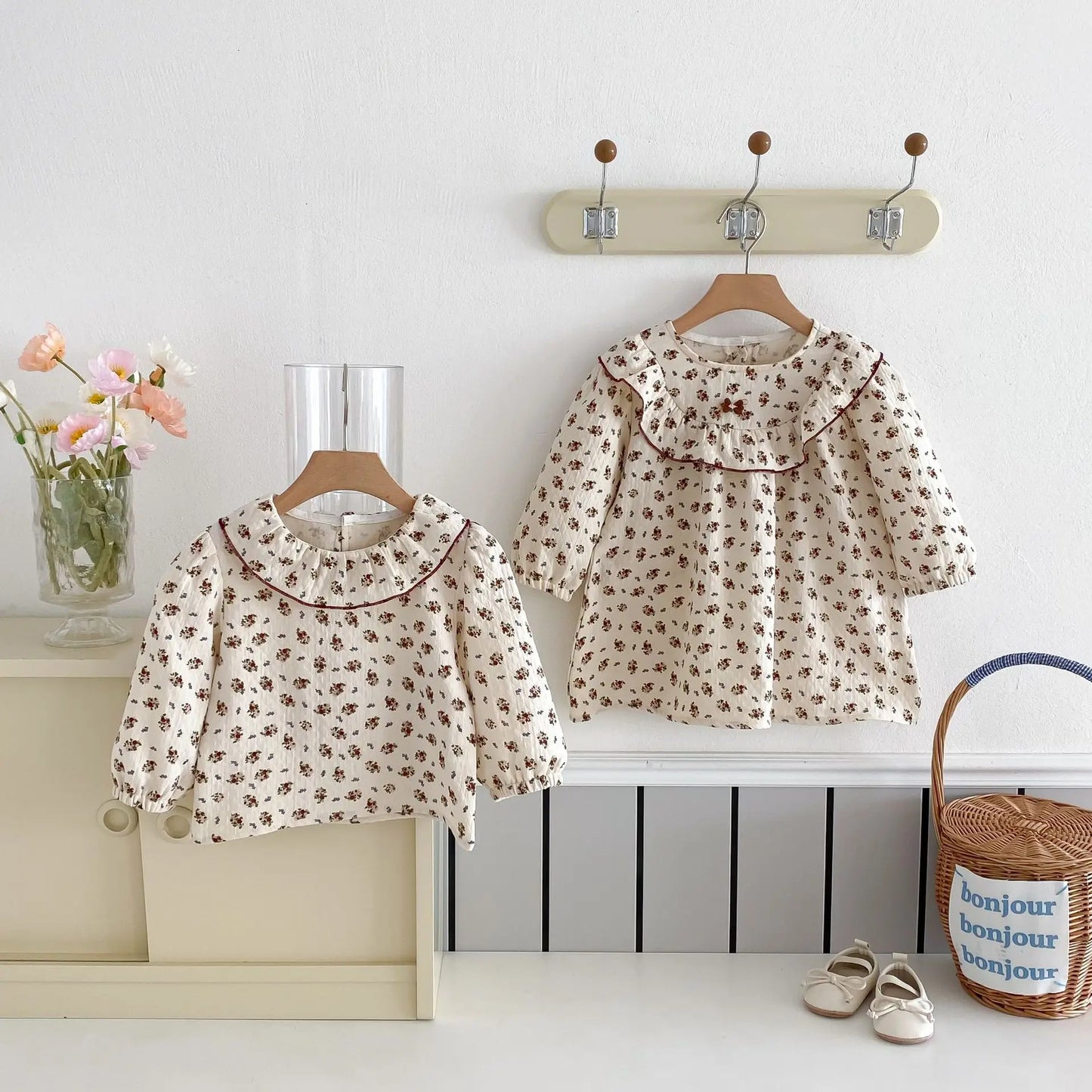 長袖ワンピース キッズワンピース ラッフルフリルフラワー小花柄長袖ワンピース【mh0008804】