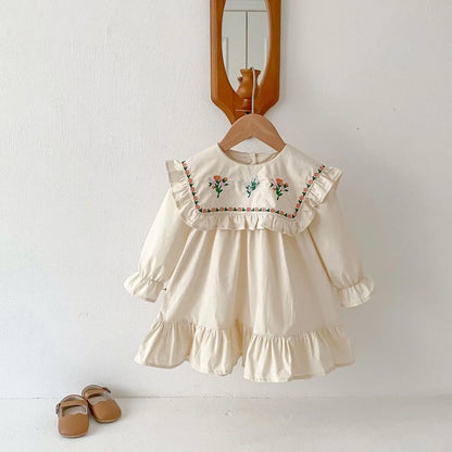 長袖ワンピース キッズワンピース ラッフルフリルフラワー刺繍長袖ワンピース【mh0008805】