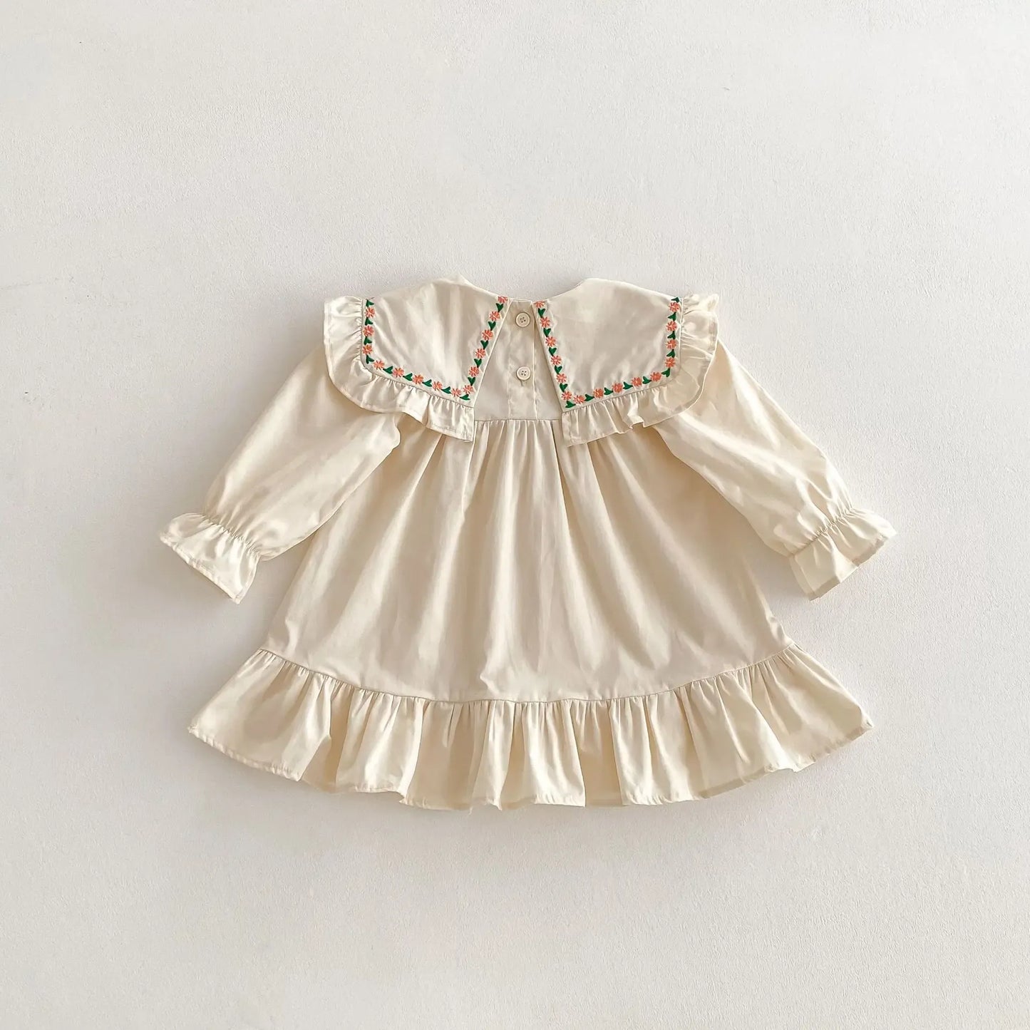 長袖ワンピース キッズワンピース ラッフルフリルフラワー刺繍長袖ワンピース【mh0008805】