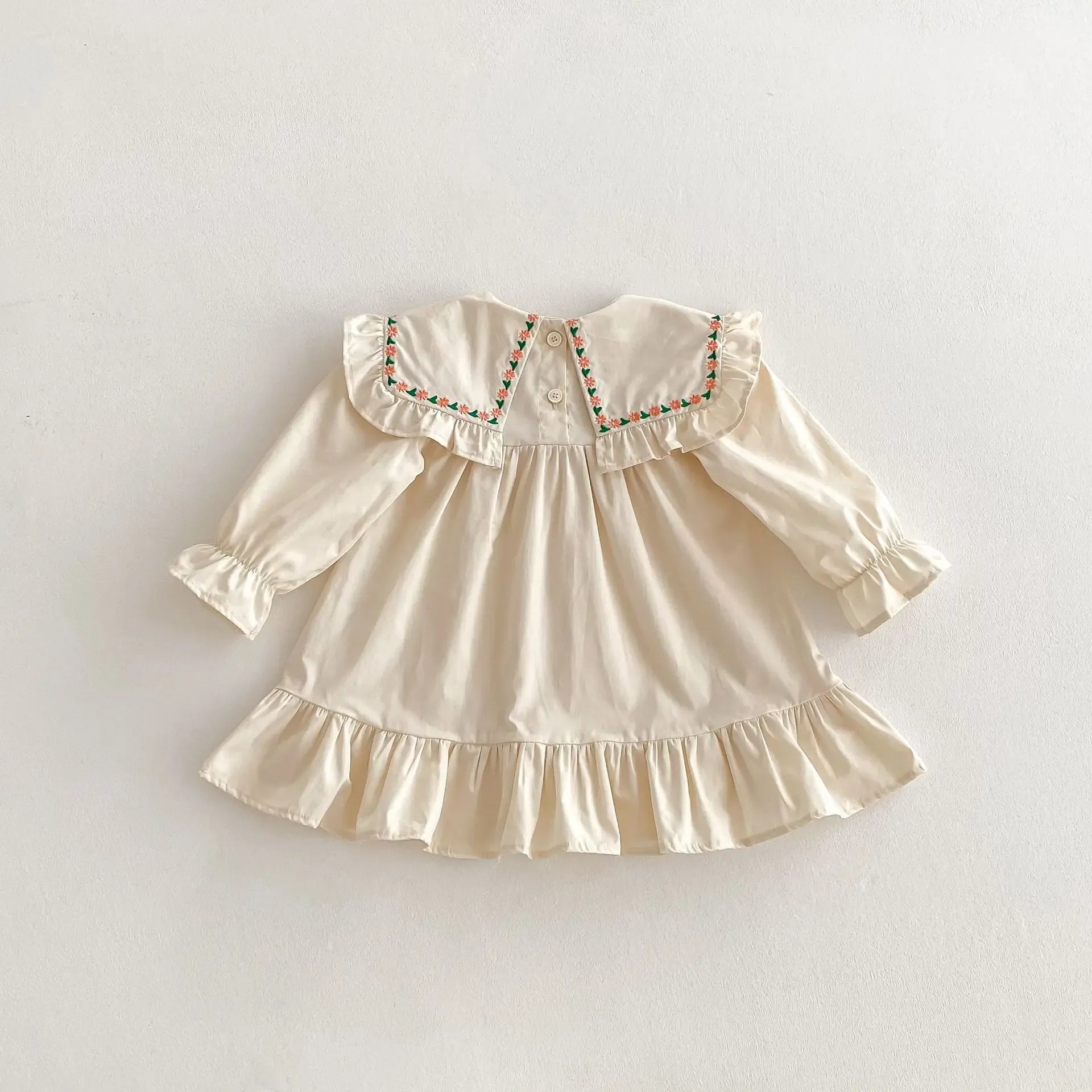 長袖ワンピース キッズワンピース ラッフルフリルフラワー刺繍長袖ワンピース【mh0008805】