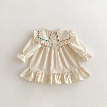 長袖ワンピース キッズワンピース ラッフルフリルフラワー刺繍長袖ワンピース【mh0008805】