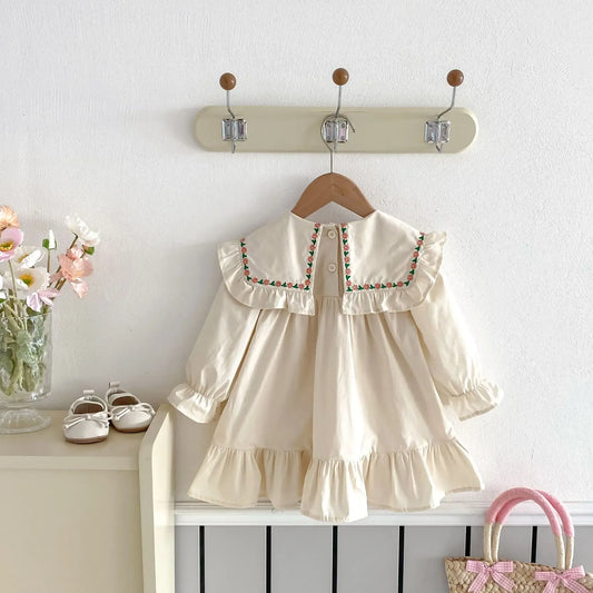 長袖ワンピース キッズワンピース ラッフルフリルフラワー刺繍長袖ワンピース【mh0008805】