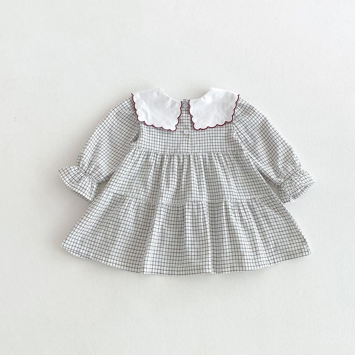 長袖ワンピース キッズワンピース フラワー刺繍ビッグ襟チェック長袖ワンピース【mh0008806】