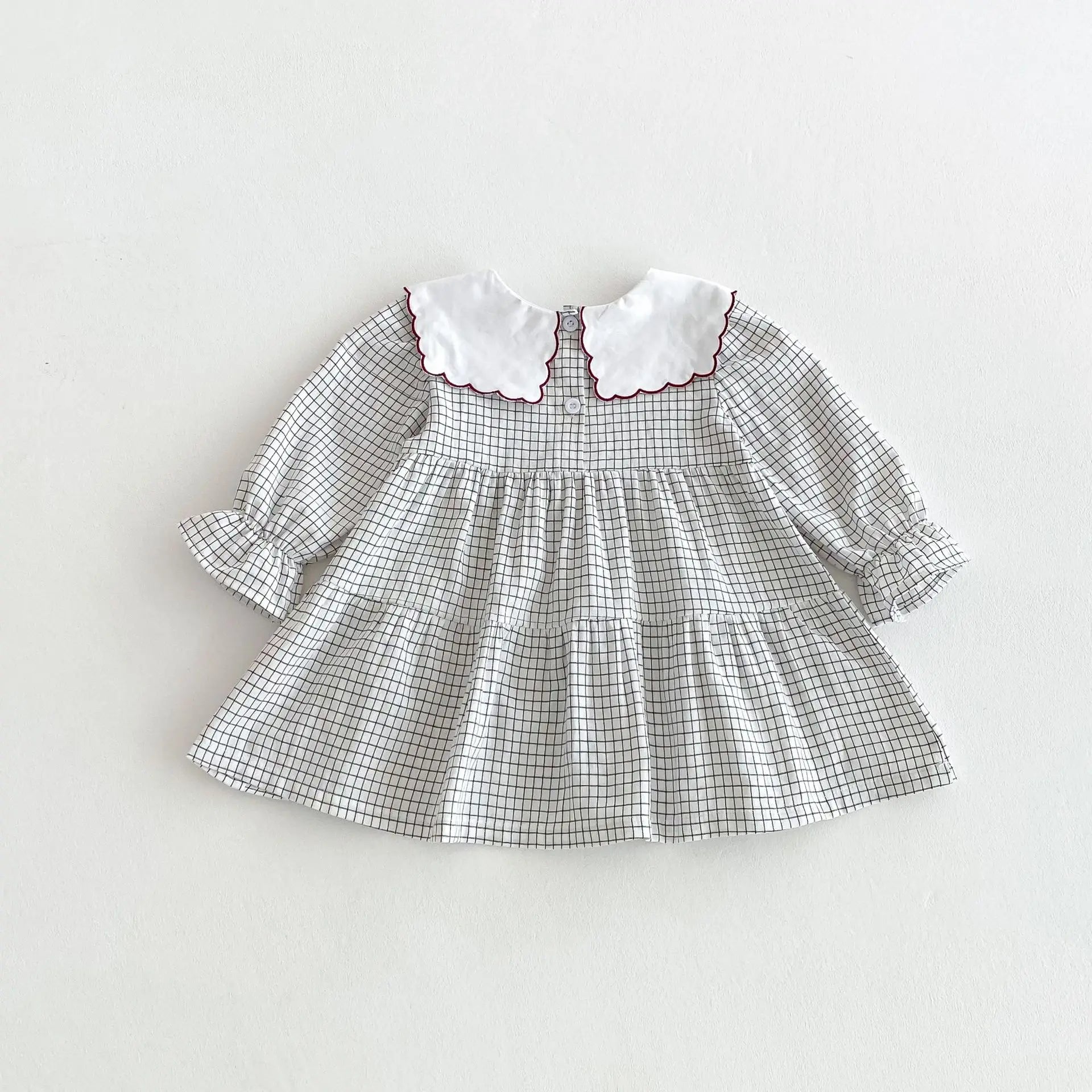 長袖ワンピース キッズワンピース フラワー刺繍ビッグ襟チェック長袖ワンピース【mh0008806】