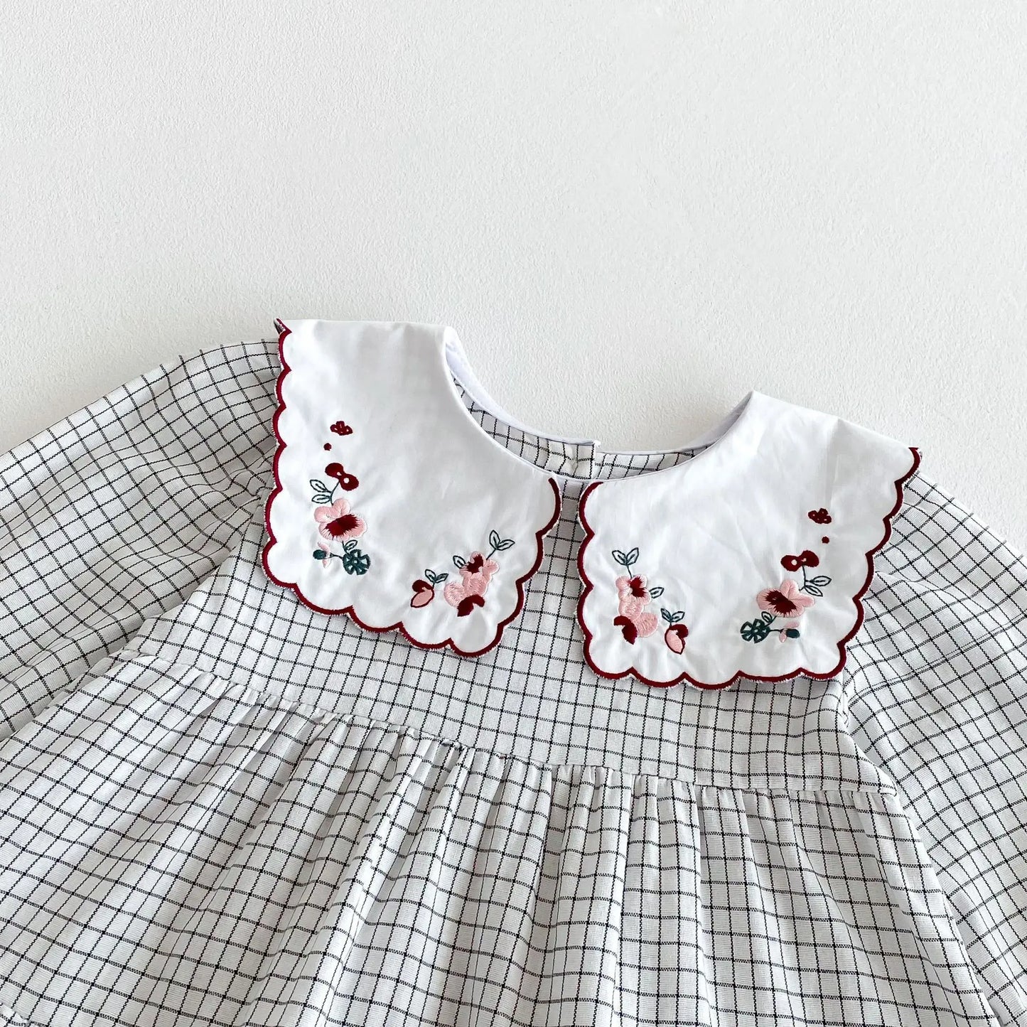 長袖ワンピース キッズワンピース フラワー刺繍ビッグ襟チェック長袖ワンピース【mh0008806】