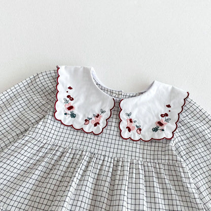 長袖ワンピース キッズワンピース フラワー刺繍ビッグ襟チェック長袖ワンピース【mh0008806】